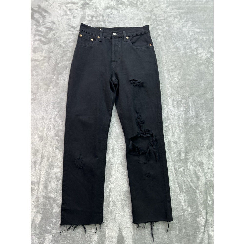Levis 501 Premium Big E Jeans Womens 25x26 Black Straight Button Fly Distressed